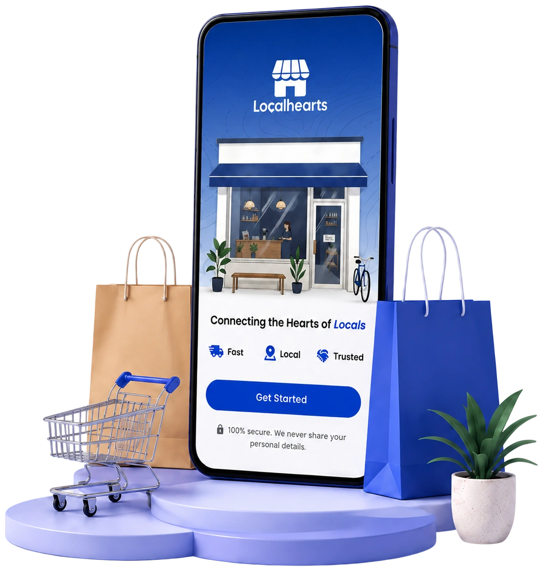Localhearts mobile app mockup with shopping bags